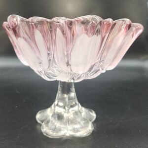 Vintage Walther Glass "Sylvia" Frosted Pink Sculpted Tulip & Clear Pedestal Bowl